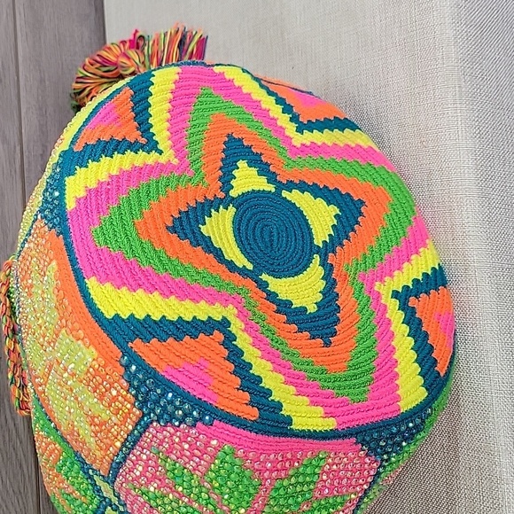 Wayuu Handmade Neon Rhinestone Drawstring Tote Shoulder Bag Purse Handbag - Picture 8 of 13